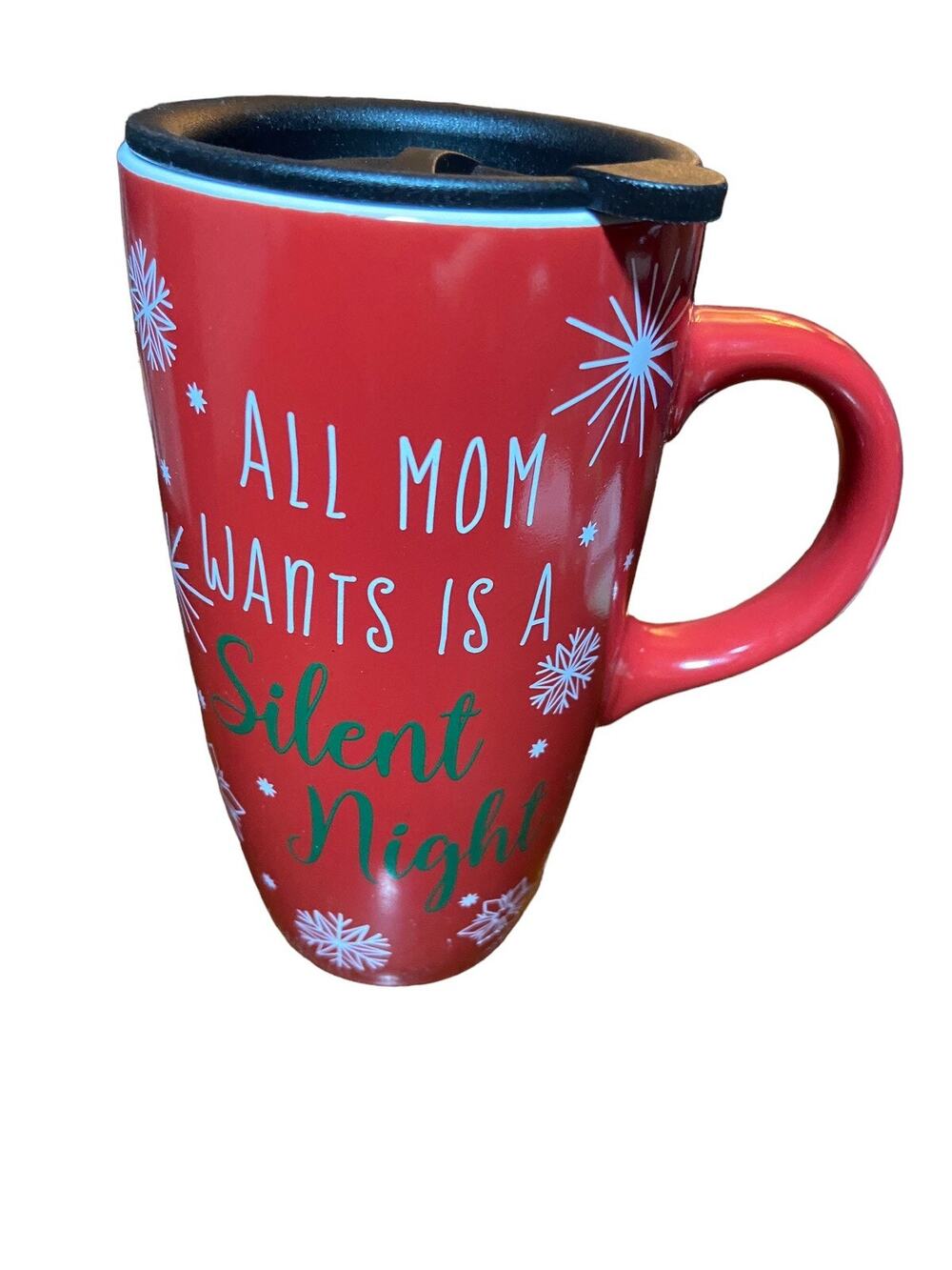 All Mom Wants Is Silent Night Tall Coffee Latte Mug Holiday Snowflakes 16 Oz